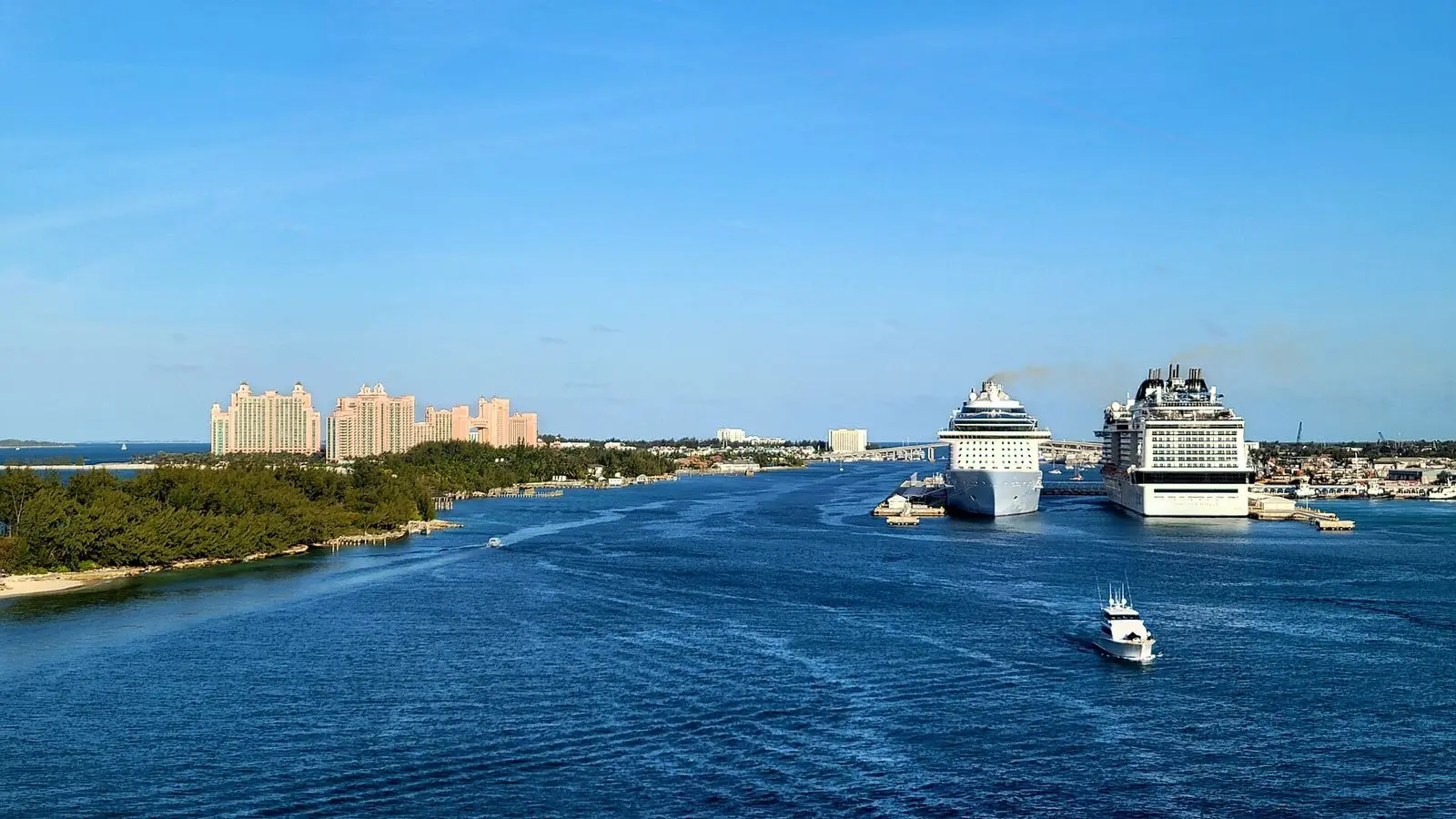 Cruise ships at the Nassau cruise port in the Bahamas, with the Atlantis resort on Paradise Island behind