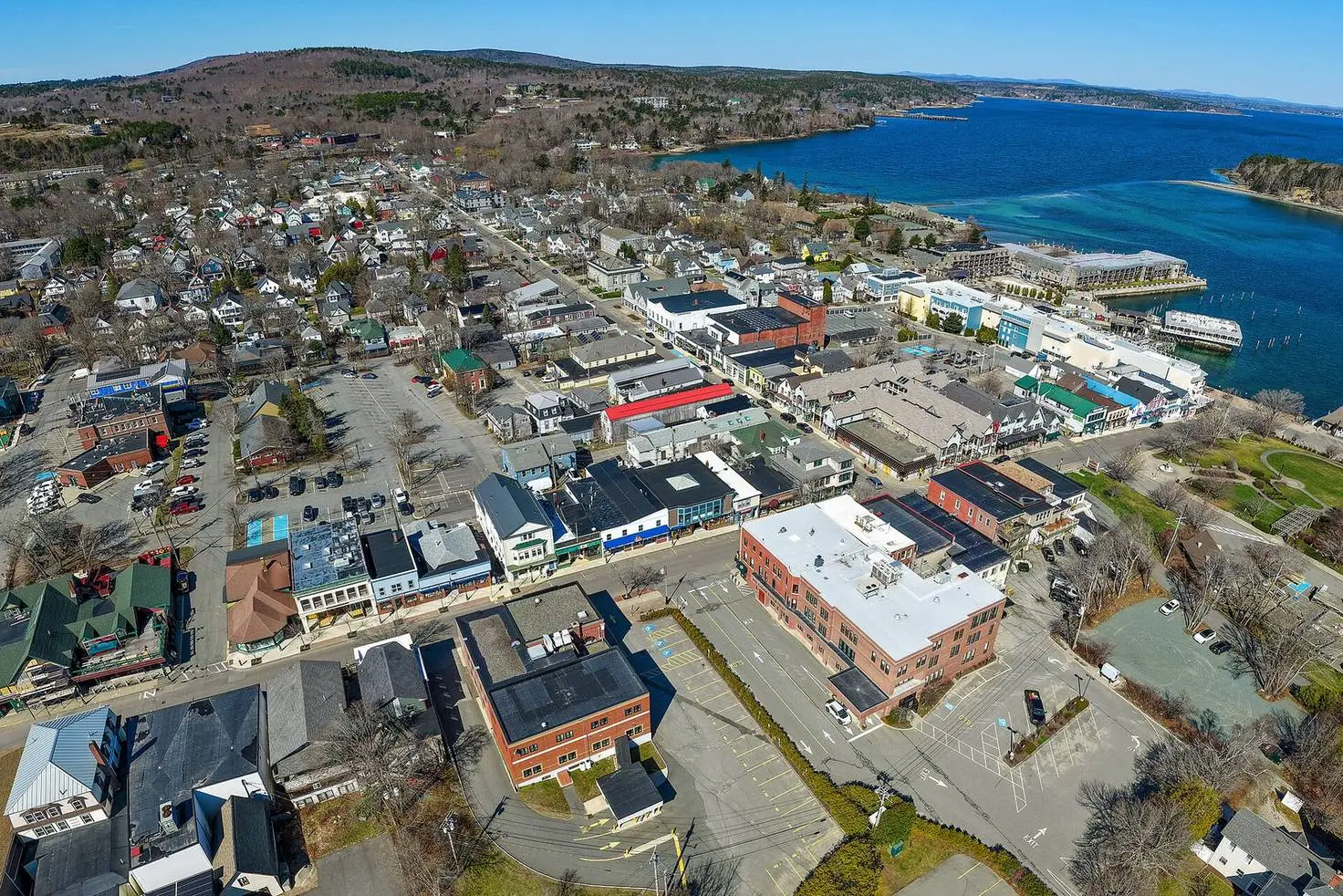 Aerial view of downtown Bar Harbor, Maine, with Frenchman Bay beyond