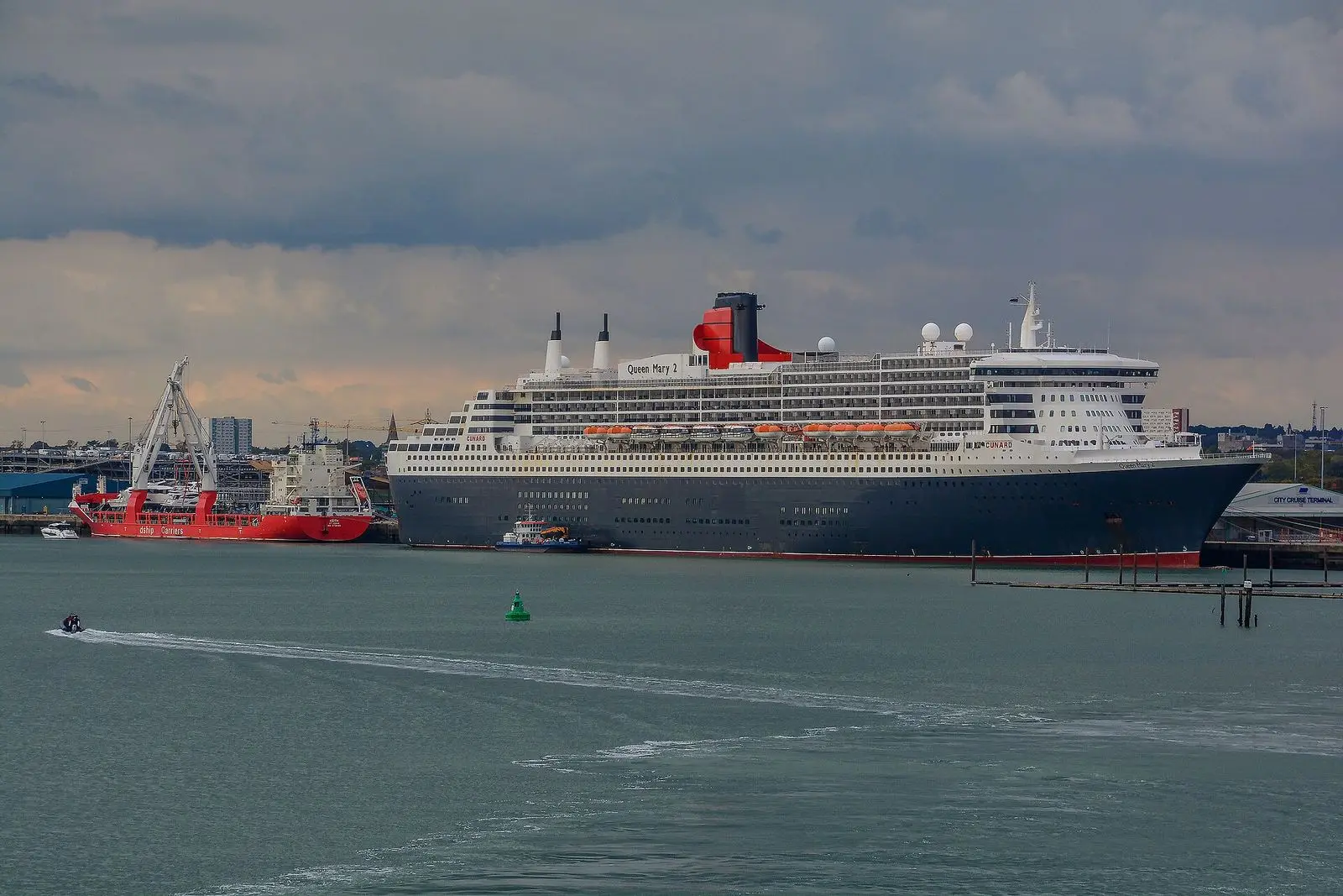 Queen Mary 2 alongside the cruise terminal at Southampton, England