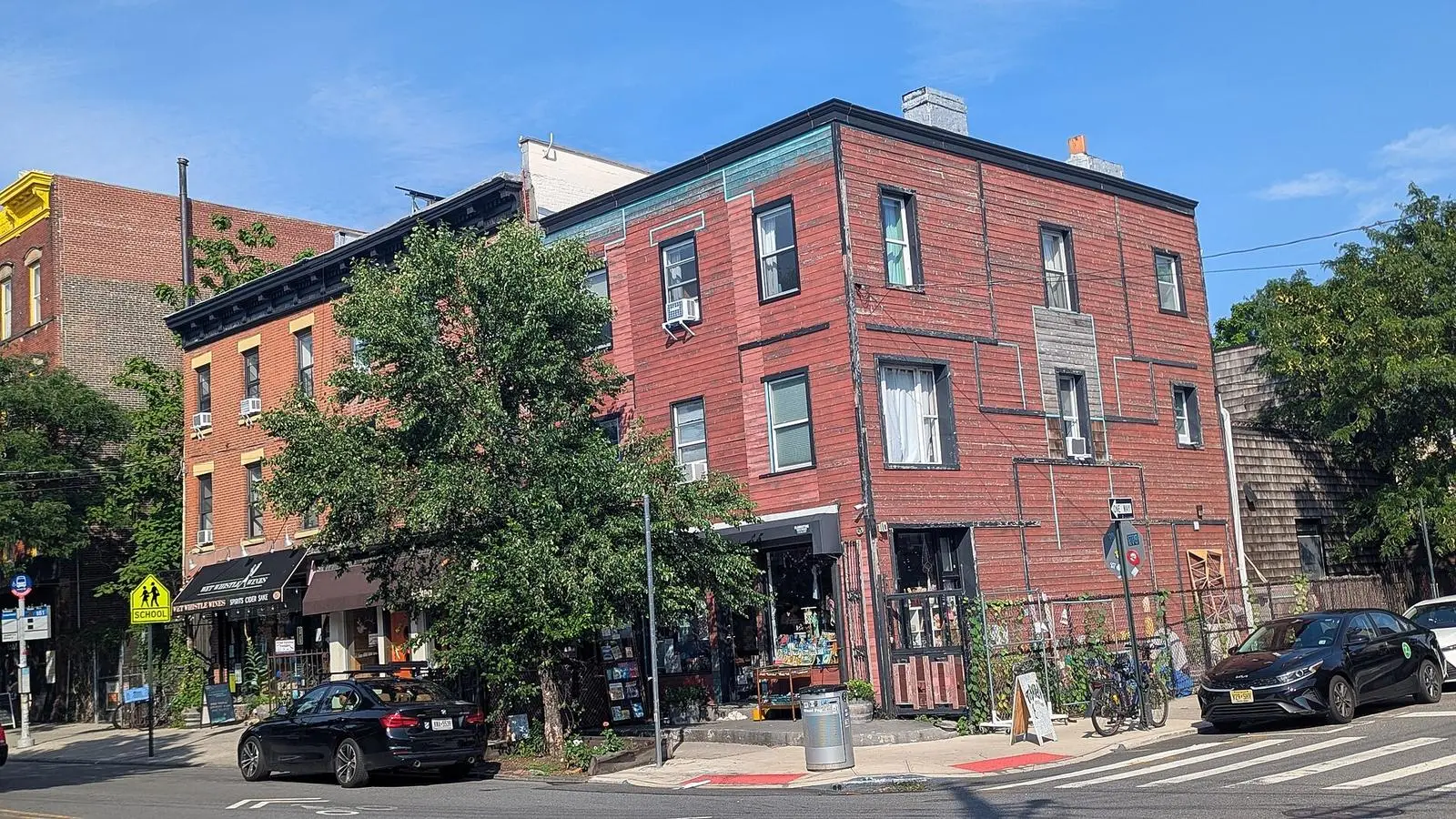 Brick buildings and shops at Van Brunt Street and Dikeman Street in Red Hook, Brooklyn